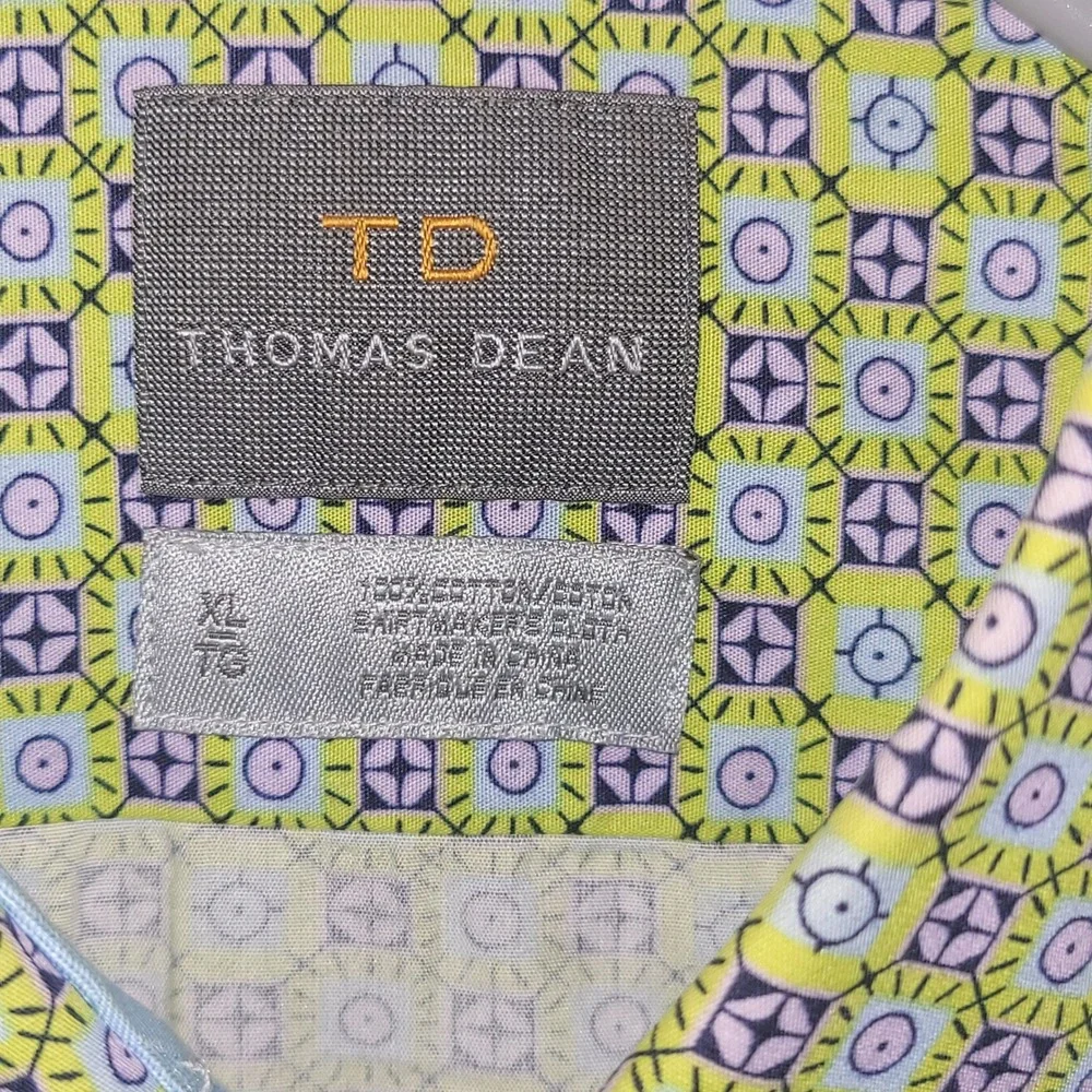 Thomas Dean Mens XL Long Sleeve Button Down Shirt Geometric Green Purple Cotton - Picture 3 of 7